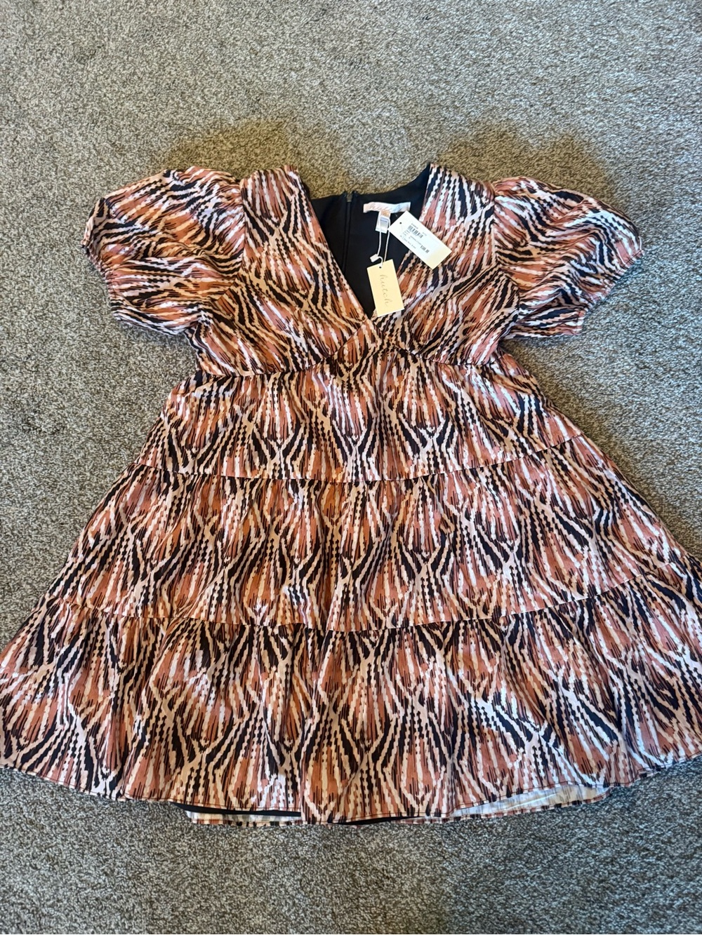 Hutch Orange , Black & Cream Tiered Puff Sleeve Dress